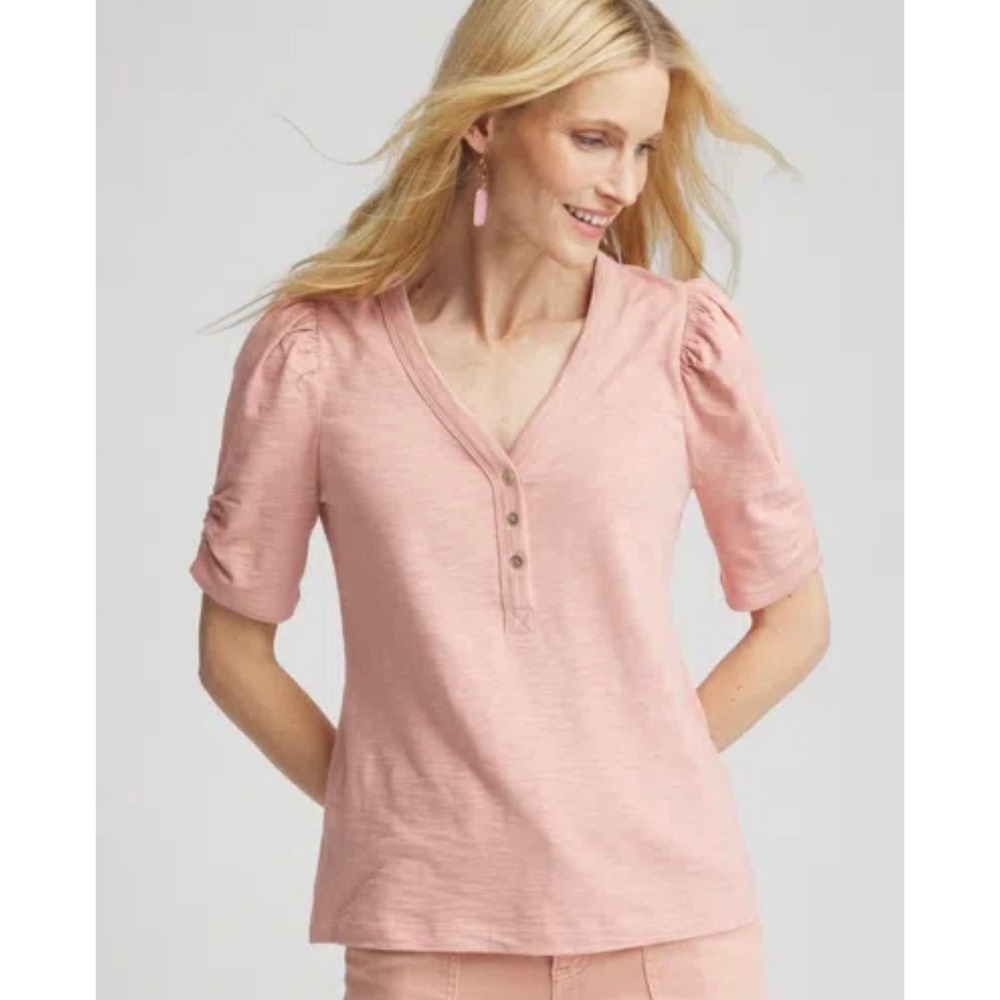Chicos Pink Heathered Henley Puff Sleeve V Neck Casual Top Womens Size 3 XL